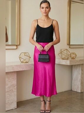 Nicole Miller Hot Pink Satin Midi Skirt | Glam Barbiecore Silk Look Small